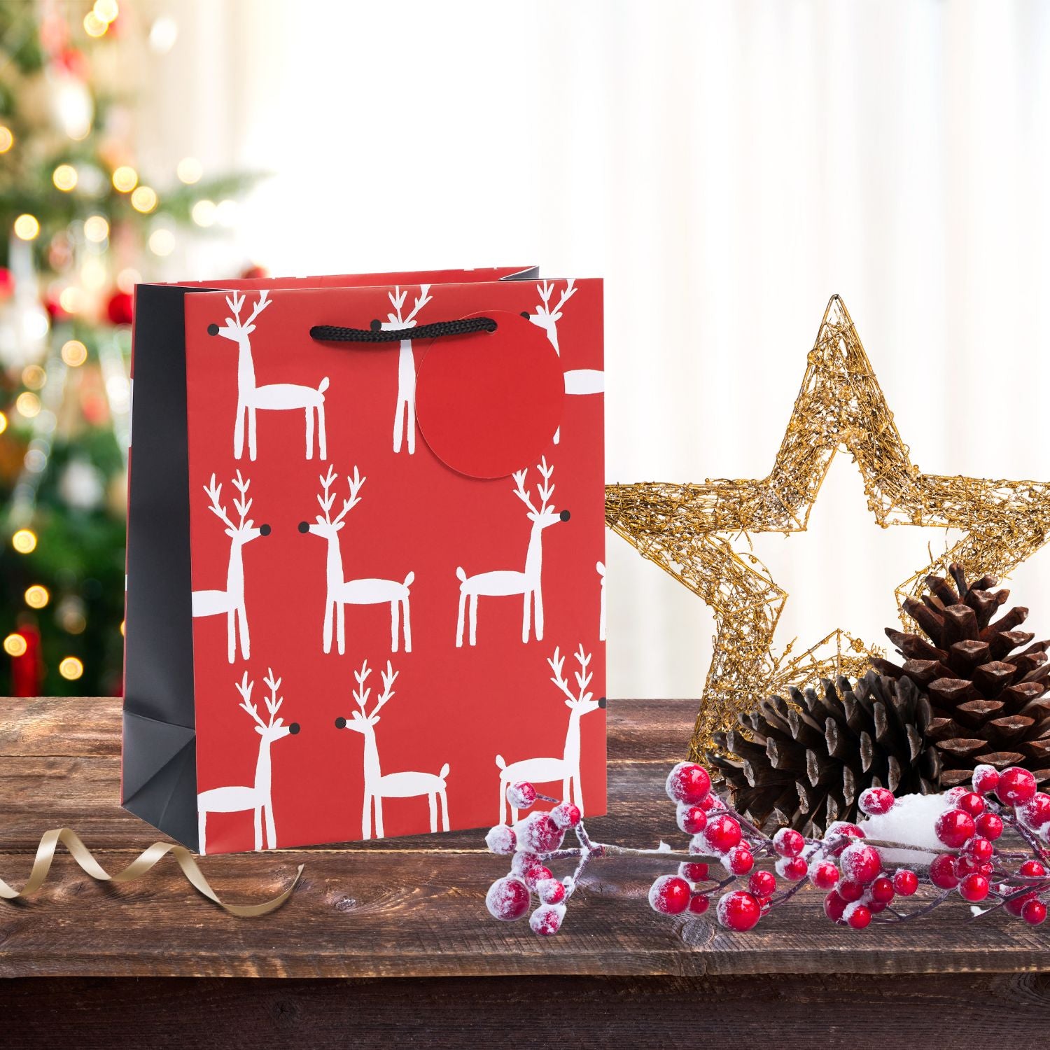 Red Reindeer Medium Christmas Gift Bag Festive Xmas Gift Wrap Gifting Love Kate s
