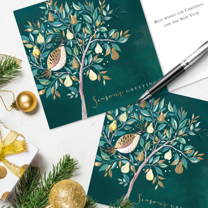 Box of 5 Luxury Partridge Pear Tree Embellished Christmas Cards