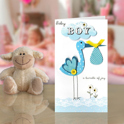 New Baby Boy Stork Luxury Champagne Greeting Card