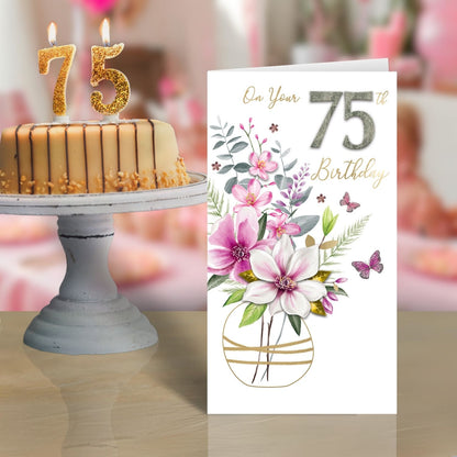 Female 75th Birthday Card Embellished Vase Of Flowers Champagne Greeting Card