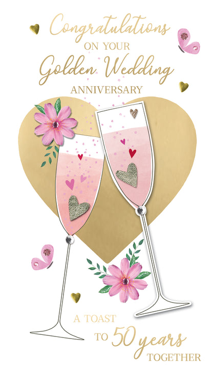 On Your Golden 50th Wedding Anniversary Card Embellished Champagne Greeting Card