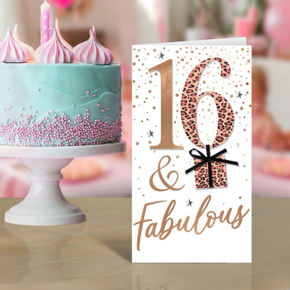 16 & Fabulous 16th Birthday Card Embellished Leopard Print Champagne Greeting Card