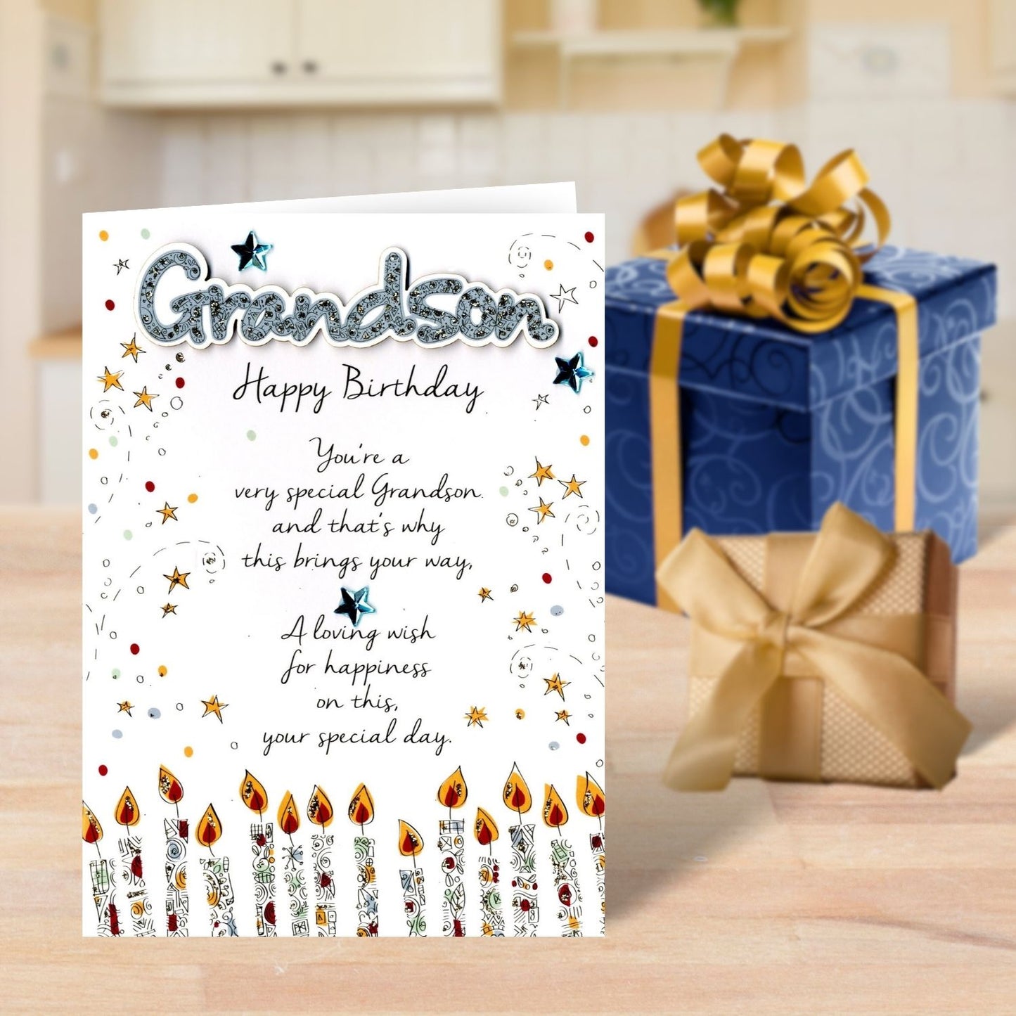 Special Grandson Candles Embellished Birthday Greeting Card