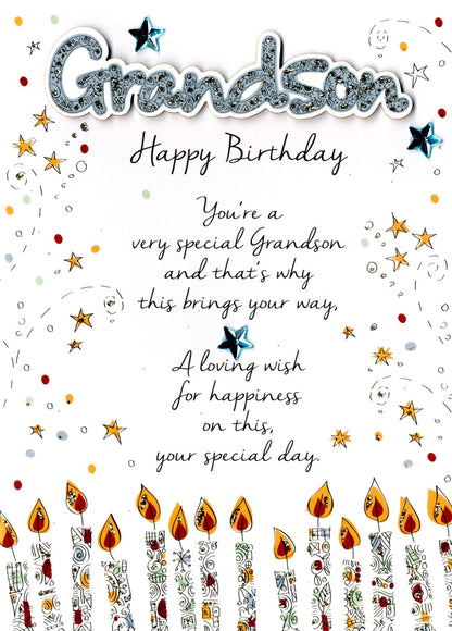 Special Grandson Candles Embellished Birthday Greeting Card