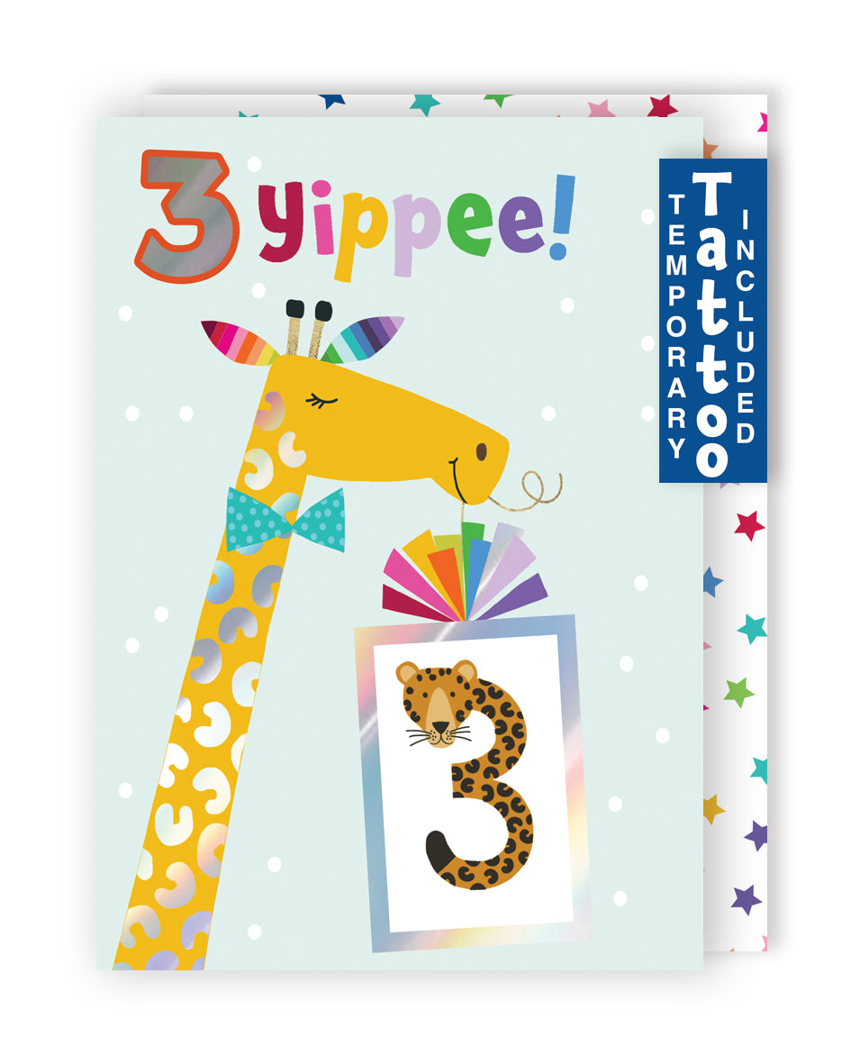 Boys 3rd Birthday 3 Yippee! Fun Kids Tattoo Cheeta Childrens Birthday Card