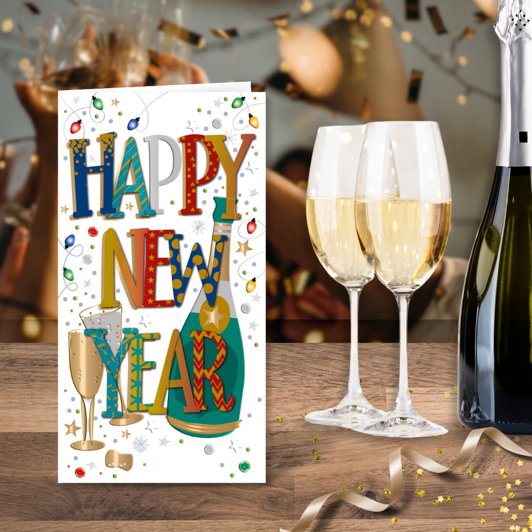 Happy New Year Bubbles Embellished Christmas Greeting Card