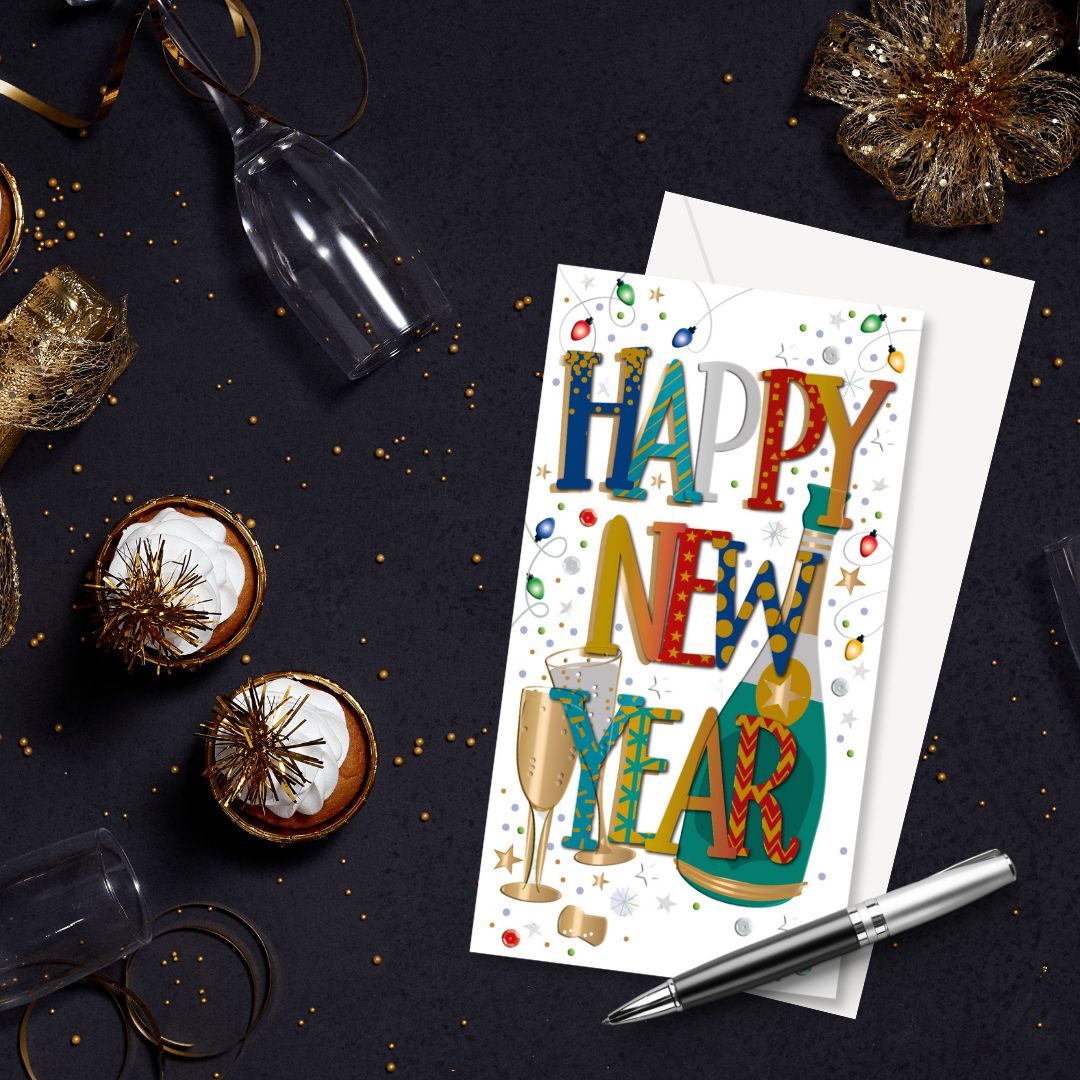 Happy New Year Bubbles Embellished Christmas Greeting Card