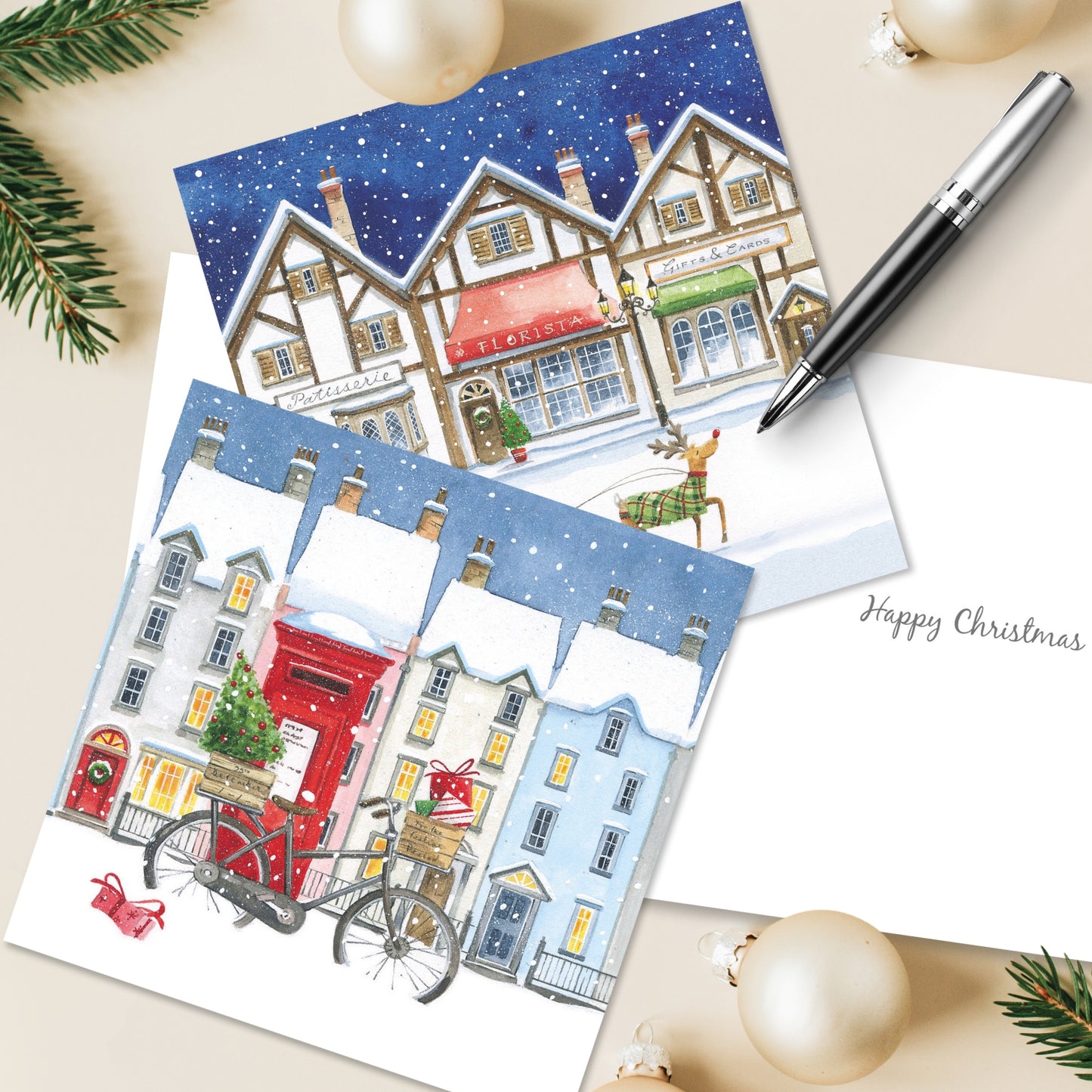 Box of 10 Paper House Christmas Snowy Streets Christmas Cards In 2 Designs