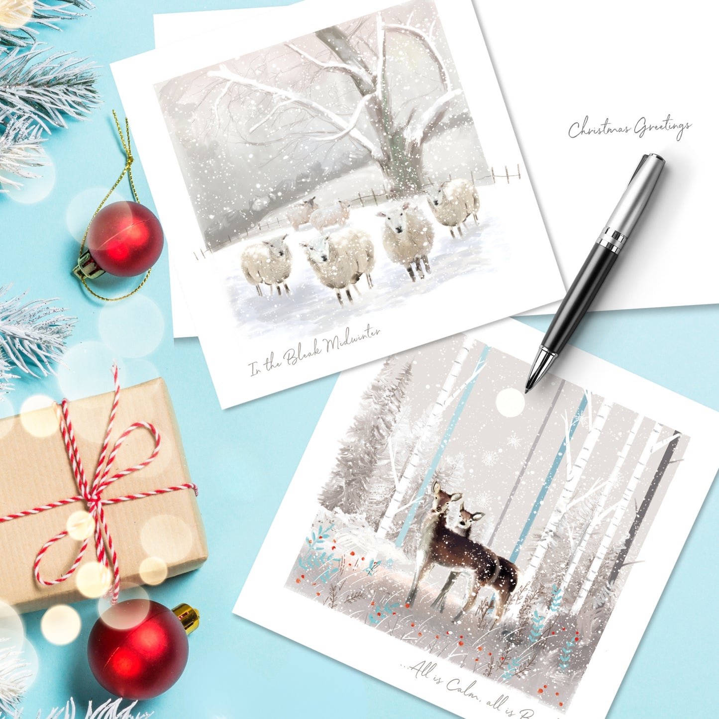 Box of 16 Deer & Sheep In The Snowy Clearing Art Christmas Cards