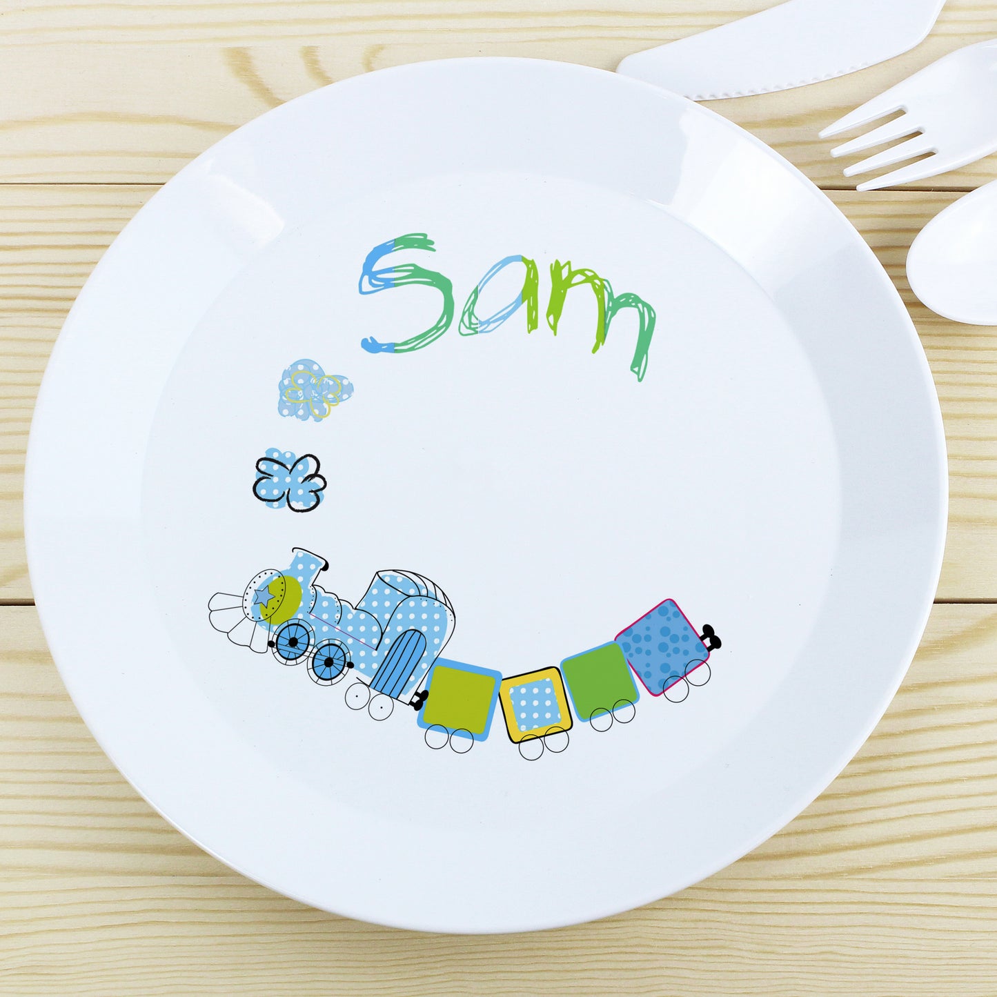 Personalised Patchwork Train Plastic Plate - Personalise It!