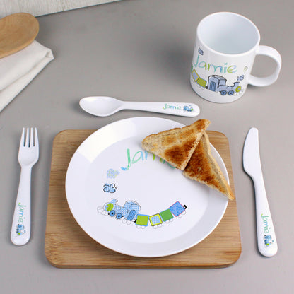 Personalised Patchwork Train 3 Piece Plastic Cutlery Set - Personalise It!