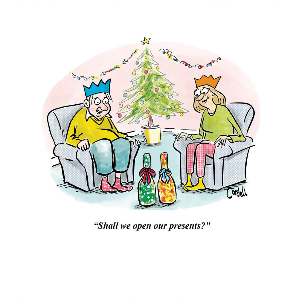 Shall We Open Our Presents Funny Cartoon Christmas Card