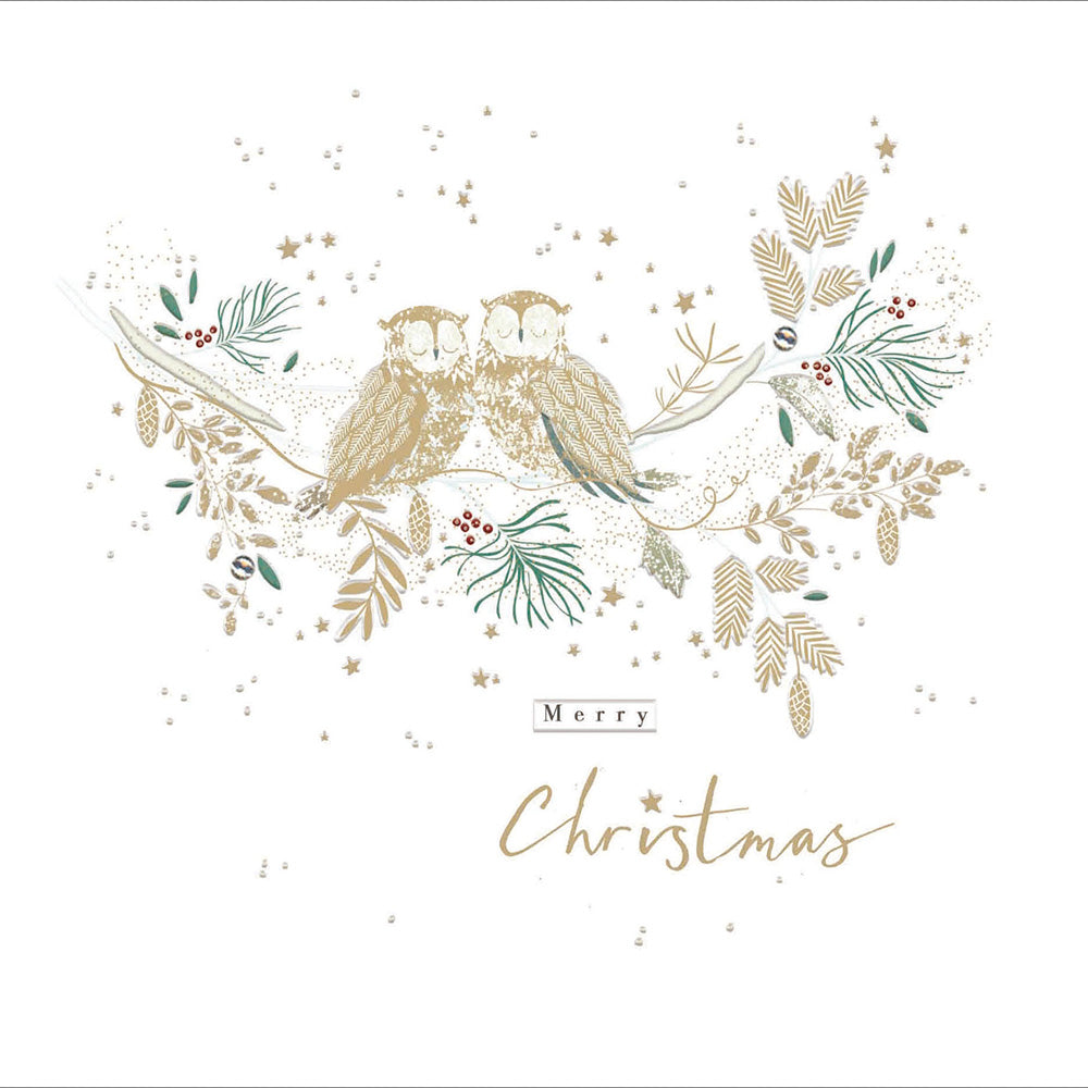 Merry Christmas Festive Gold Foiled Owls Christmas Card