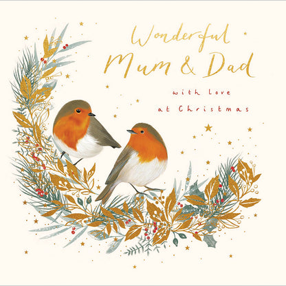 Wonderful Mum & Dad Festive Robins Wreath Christmas Card