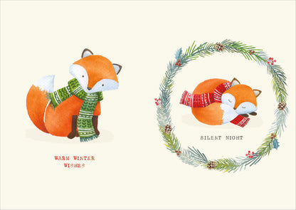 Box Of 12 Festive Fox In Scarfs Christmas Cards