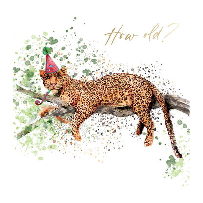 How Old? Party Cheetah Watercolour Birthday Greeting Card