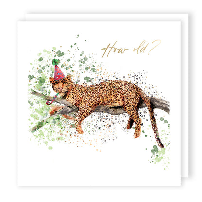 How Old? Party Cheetah Watercolour Birthday Greeting Card