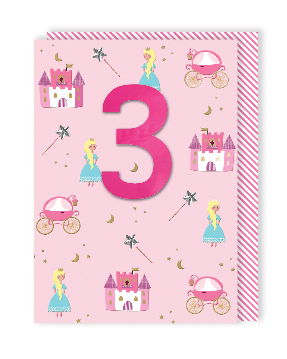 Girls 3 Princess & Castles Embellished Birthday Greeting Card