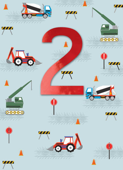 Boys 2nd Birthday Diggers & Cranes Embellished Greeting Card