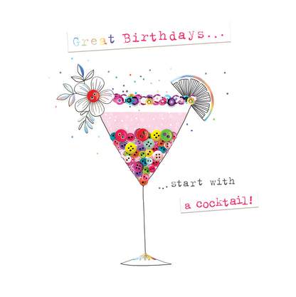 Birthday Cocktails Hand-Finished Buttons Birthday Card