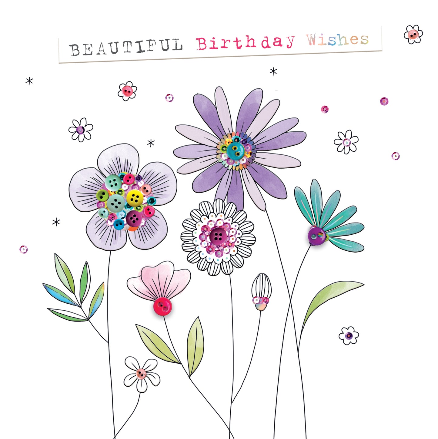 Beautiful Flowers Hand-Finished Buttons Birthday Card