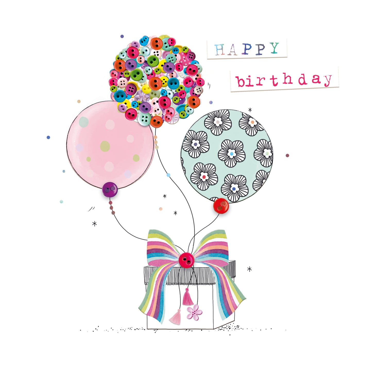 Birthday Balloons Hand-Finished Buttons Birthday Card