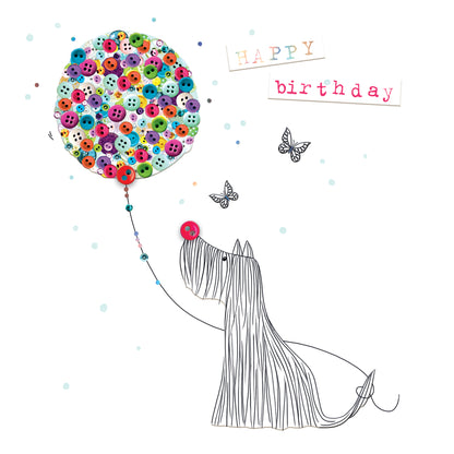 Dog & Balloon Hand-Finished Buttons Birthday Card