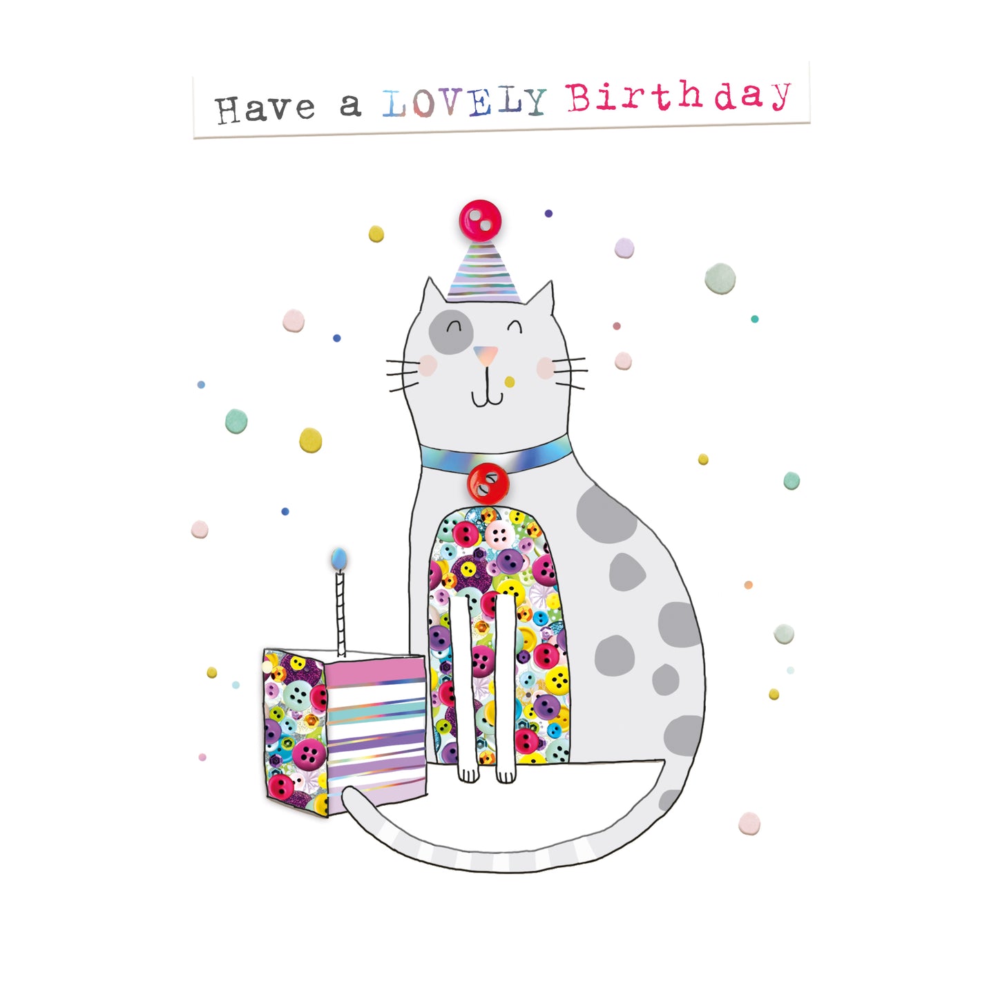 Cat & Birthday Cake Hand-Finished Buttons Birthday Card