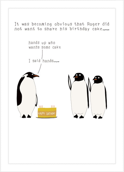 Funny Penguin Sharing A Cake Birthday Card