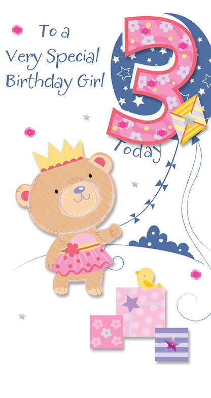 Girls 3rd Birthday 3 Today Embellished Greeting Card