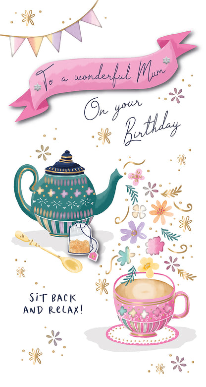 Mum Cuppa Tea Embellished Birthday Greeting Card