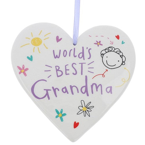 Scribbles Cute World's Best Grandma Ceramic Heart Plaque