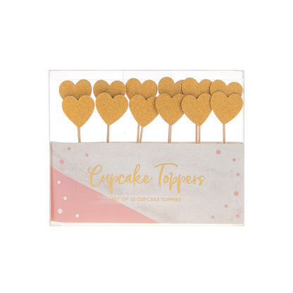 12 Gold Heart Shaped Cupcake Toppers