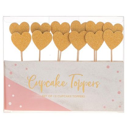 12 Gold Heart Shaped Cupcake Toppers