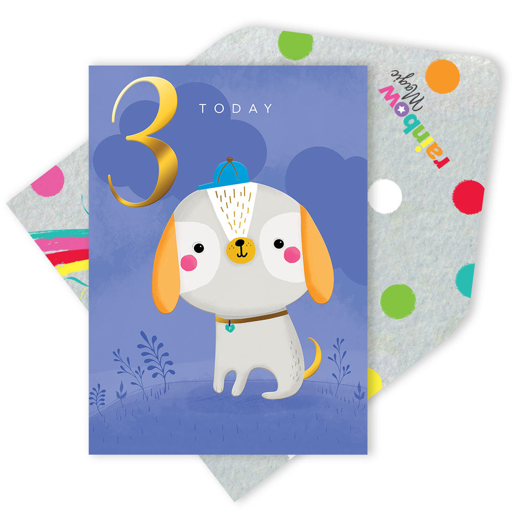 Boys 3 Today Happy Dog Gold Foiled 3rd Birthday Greeting Card