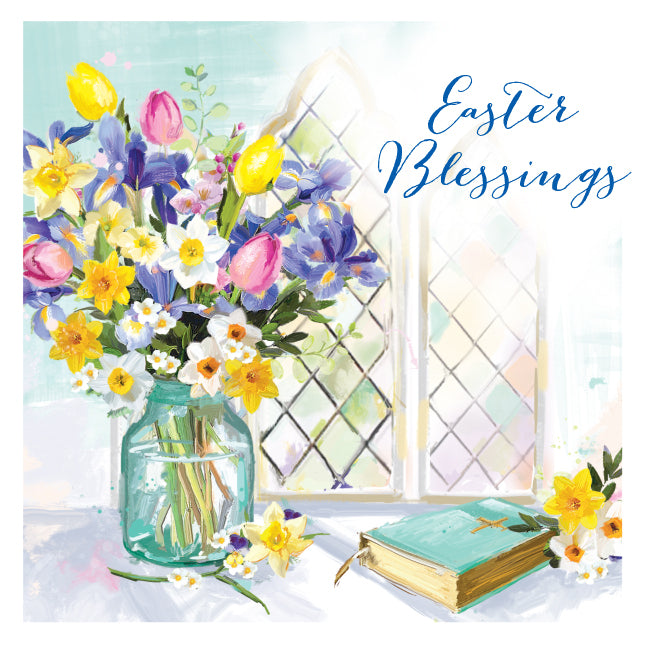 Easter Blessings Flowers & Bible By A Window Illustrated Easter Greeting Card