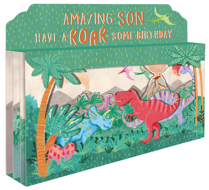 Spectacular 3D Roar-Some Dinosaur Scene Son Birthday Card