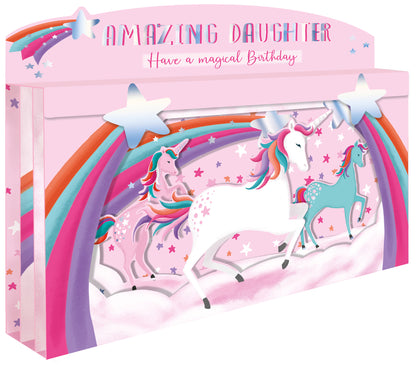 Spectacular 3D Unicorn & Rainbows Daughter Birthday Card