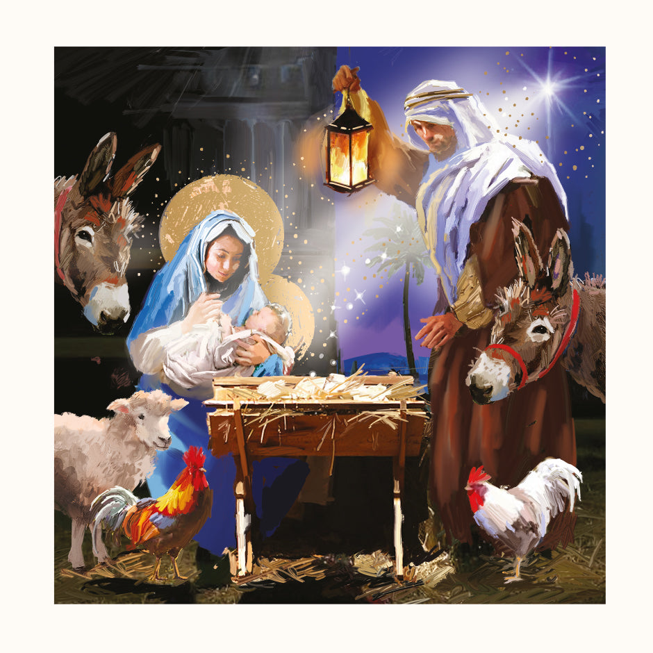 Box of 10 Around The Manger Gold Foiled Christmas Cards