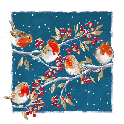 Box of 10 Festive Robins Gold Foiled Christmas Cards