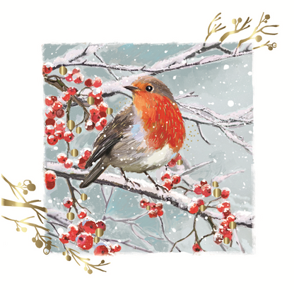 Box of 10 Robin & Berries Gold Foiled Christmas Cards