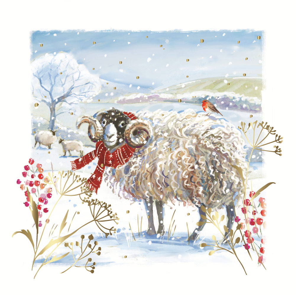 Box of 10 Festive Ram & Robin Gold Foiled Christmas Cards