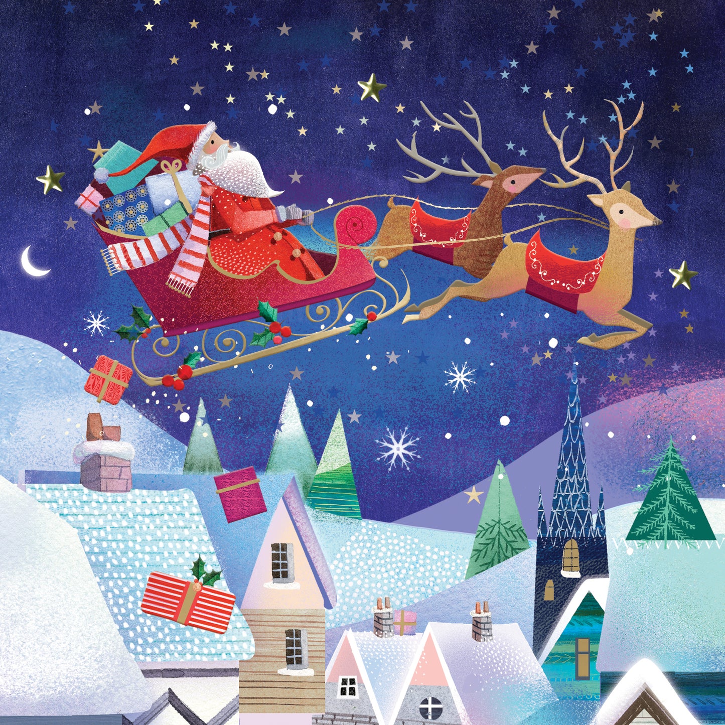 Santa's Flying Sleigh Luxury Hand-Finished Foiled Christmas Card