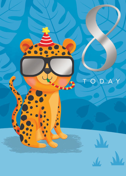 8 Today Cool Cheetah Silver Foiled 8th Birthday Greeting Card